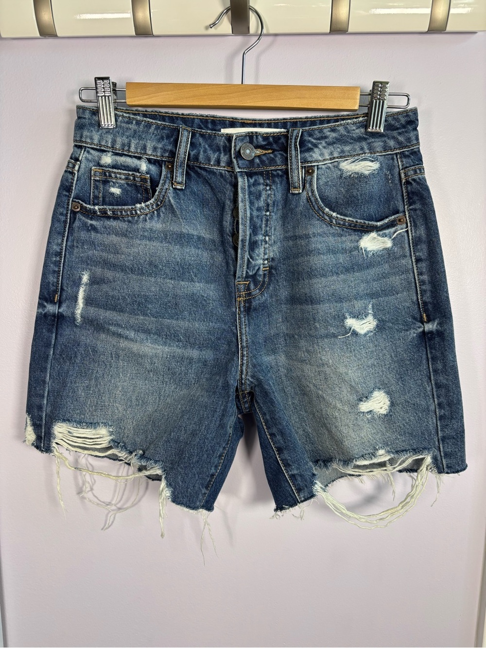 Hidden Distressed High-Waist Denim Shorts - Blue Size XS